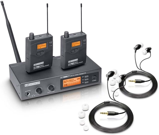 Draadloos In-Ear Monitorsysteem – In-Ear Monitor – IEM-Systeem – Draadloze Monitor – Podiummonitor – Set met 2 Riempacks en 2 In-Ear Hoofdtelefoons – 96 Kanalen, 584-607 MHz