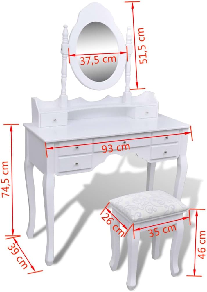 Kaptafel – Make-Up Tafel – Schminktisch – Toilettafel – Toilletafel – 7 Lades – Kantelbare Spiegel – Krukje Met Zachte Zitting – Wit Grenenhout