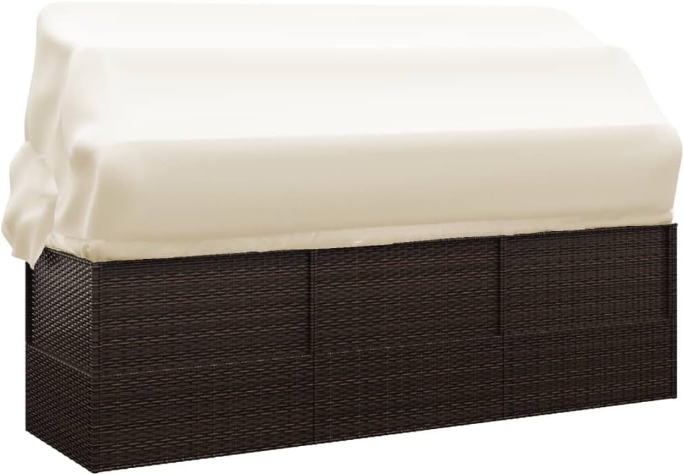 Outdoor Lounge Bed with Roof and Cushion, Brown Poly Rattan Sun Lounger with Both Sides Adjustable for Garden, Balcony, Patio, Camping, Swimming Pool - QUORE