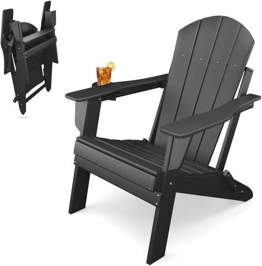Adirondack Folding Chair for Garden, Patio or Deck - Arm Rests and Cup Holder - Lightweight, Weatherproof - Stylish, Durable Outdoor Furniture for Fire Pit, Beach, Poolside, Porch (Black)