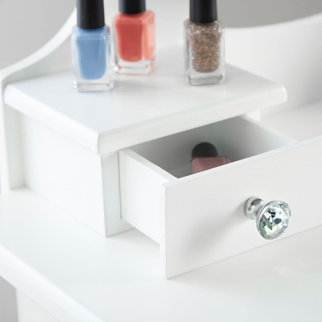 Runesol Meisjes Kaptafel met Spiegel en Krukje, Childrens White Wooden Kids Vanity Table met Kristallen Knoppen Childs Dressing Table Set voor een Kind, Kinderen in de leeftijd van (8-13)