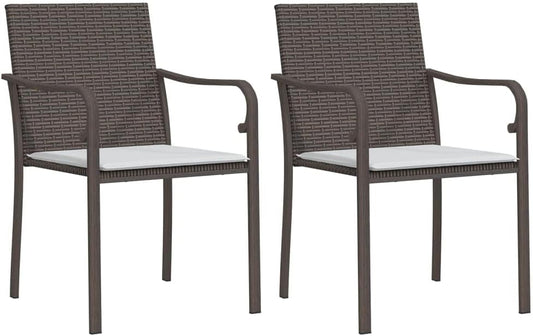Tuinstoel met kussens van polyrotan, bruin, 2 stuks, frame van weerbestendig staal, voor terras en buiten, design met armleuningen in G-vorm en zitting - QUORE