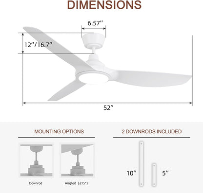Ovlaim Plafondventilator, 132 cm, met kunststof bladen en ledverlichting, incl. afstandsbediening, DC-energiebesparende motor, ultralicht, voor zomer en winter, wit [energieklasse D].