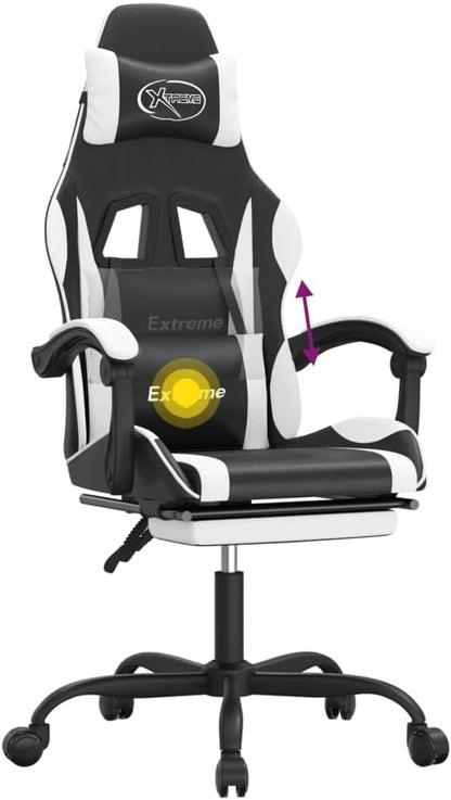 Gamingstoel – Gamestoel – Gaming Chair – Bureaustoel – Game Stoel – Draaibaar Met Voetensteun – Kunstleer Zwart/Wit – Verstelbare Rugleuning 135° – Comfortabel Schuimzitting