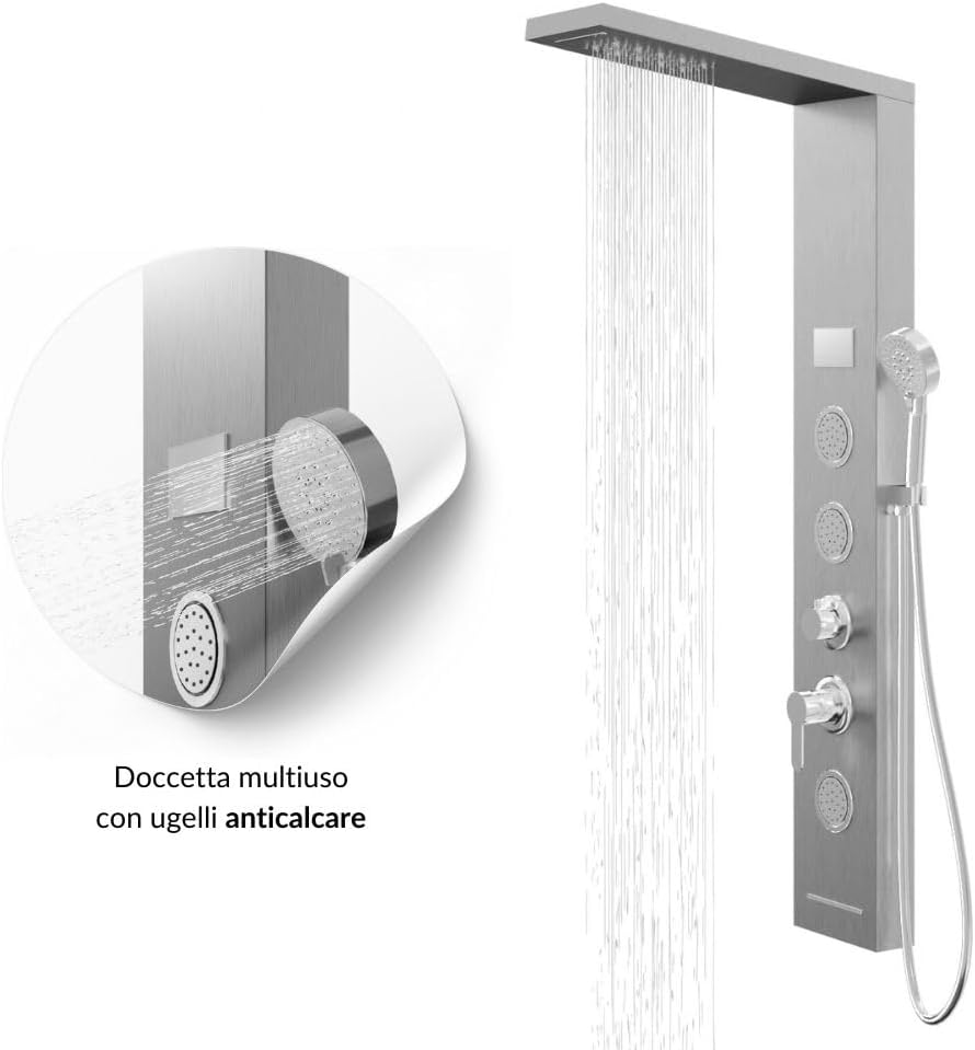 Douchepaneel Shine staal 4 functies LED-licht display temperatuureffect regen waterval antikalk (geborsteld chroom)