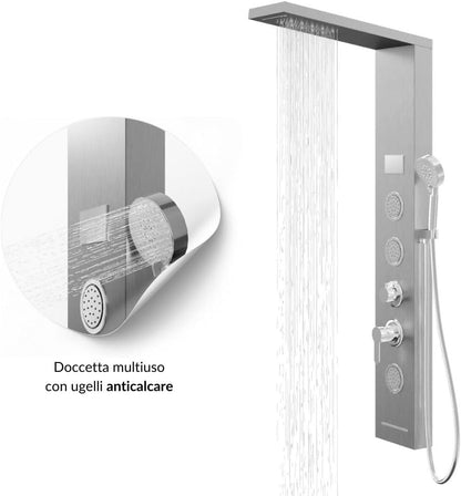 Douchepaneel Shine staal 4 functies LED-licht display temperatuureffect regen waterval antikalk (geborsteld chroom)