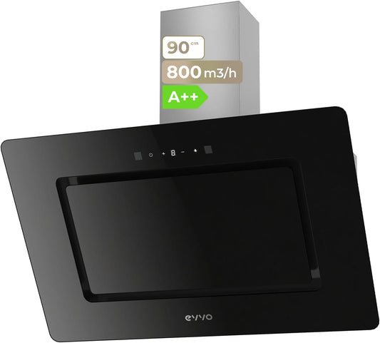 EVVO Afzuigkap, 90 cm, decoratieve breedte, vermogen 800 m³/h, filter van aluminium en actieve kool, touch- en gebarenbediening, glaszwarte afwerking, energie-efficiëntieklasse A++ CE48, glas, zwart