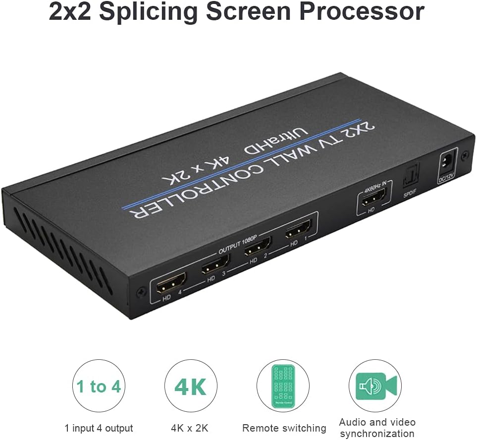 Swallows Video Wall Controller 2X2, 4K 60Hz 2x2 TV Video Wall Controller Screen Stitching Processor Splicer 2x1 3x1 1x3 1x2 4x1 1x4 HD Video Splicer voor PS4 HDTV (4K 60HZ)