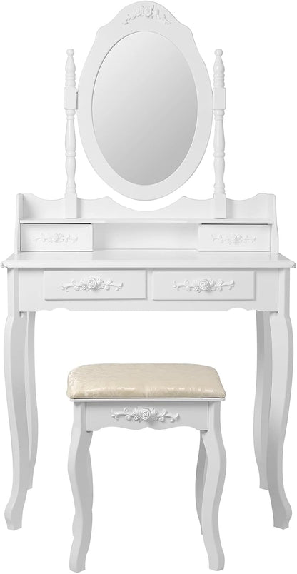 ML-Design Dressing Table White, Dressing Table with Mirror, Stool and 4 Drawers, 75 x 140 x 40 cm, Country Style, Cosmetic Table for Women & Girls, Dressing Table Made of MDF Wood, Dressing Table - QUORE