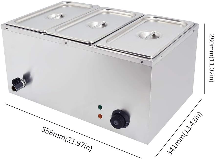 TAIMIKO Bain Marie Elektrische roestvrij staal, 220 V, professioneel, commercieel, met 3 potten, met afvoerkraan, temperatuurregeling