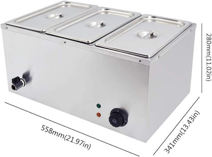 TAIMIKO Bain Marie Elektrische roestvrij staal, 220 V, professioneel, commercieel, met 3 potten, met afvoerkraan, temperatuurregeling
