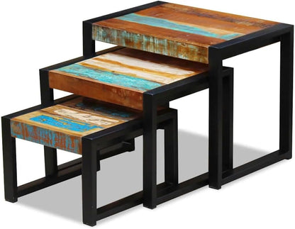 vidaXL 3x Side Table Solid Recycled Wood and Steel Frame Side Table