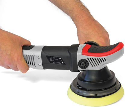 Dino KRAFTPAKET 640247 8 mm - 710 W excentrische polijstmachine met draaibeweging traploos in set met 125 mm polijstspons, 125 mm polijstschijf, tas voor auto en boot, grijs