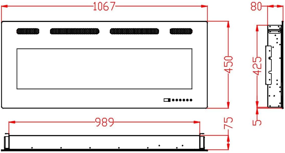 Draadloze elektrische open haard, 7,5 cm diep, gehard glas, afstandsbediening en touchscreen, verwarming 750/1500 W, verstelbaar vlameffect (107 cm App New)