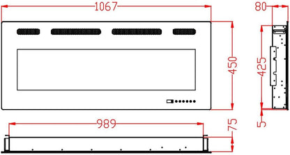 Draadloze elektrische open haard, 7,5 cm diep, gehard glas, afstandsbediening en touchscreen, verwarming 750/1500 W, verstelbaar vlameffect (107 cm App New)