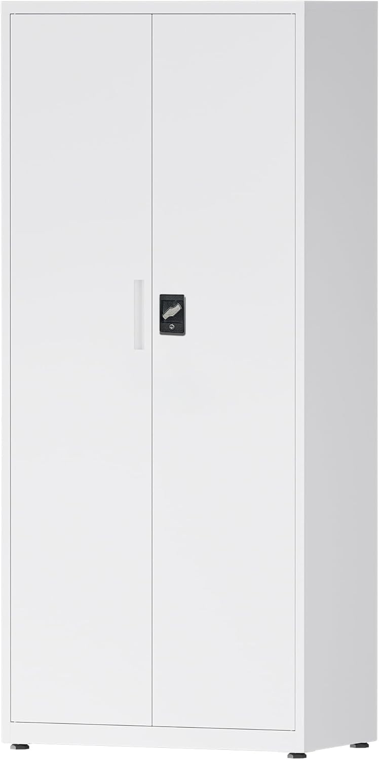 LAND·VOI Stalen Kast 5 Planken met Slot Verstelbare Planken Dubbele Deuren Kantoorkast Metalen Opbergkast voor Kantoor Garage Keuken Werkplaats 80×40×181.5 cm Wit