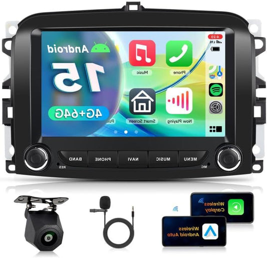 4G+64G Car Radio Android 15 für Fiat 500L 2013-2019, 7 Zoll HD Touch Screen Car Radio mit Drahtloses Carplay Android Car GPS Wi-Fi USB Bluetooth 5.0 FM RDS Radio Rückfahrkamera - QUORE