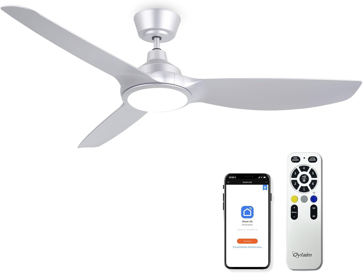 Ovlaim Plafondventilator, 132 cm, met kunststof bladen en ledverlichting, incl. afstandsbediening, DC-energiebesparende motor, ultralicht, voor zomer en winter, zilver [energieklasse D].