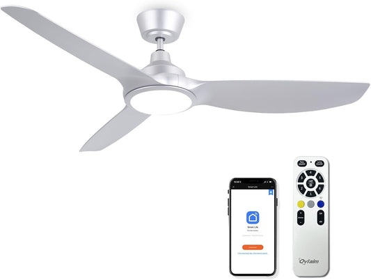Ovlaim Plafondventilator, 132 cm, met kunststof bladen en ledverlichting, incl. afstandsbediening, DC-energiebesparende motor, ultralicht, voor zomer en winter, zilver [energieklasse D].