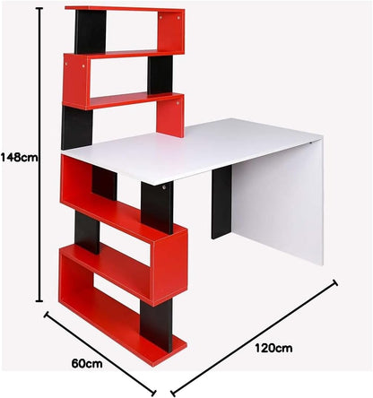 BAKAJI Bureau met dubbele boekenkast, 7 planken, werktafel, pc-computer, frame en tafelblad van MDF-hout, meubels voor thuis, kantoor, slaapkamer, modern design, 120 x 60 x 148 cm (rood)