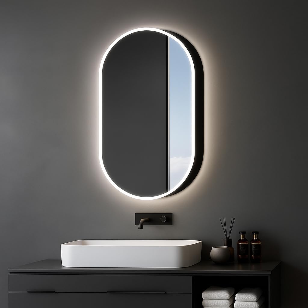 Talos Vento Ovale spiegelkast met verlichting, 45 x 80 cm, zwart, spiegelkast badkamer met 2 legplanken, aluminium, achterwand gespiegeld