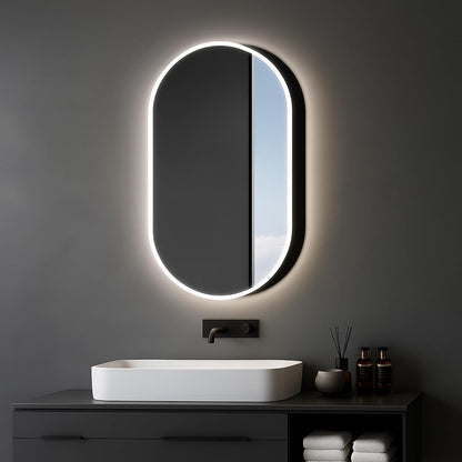 Talos Vento Ovale spiegelkast met verlichting, 45 x 80 cm, zwart, spiegelkast badkamer met 2 legplanken, aluminium, achterwand gespiegeld