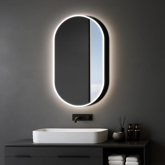 Talos Vento Ovale spiegelkast met verlichting, 45 x 80 cm, zwart, spiegelkast badkamer met 2 legplanken, aluminium, achterwand gespiegeld