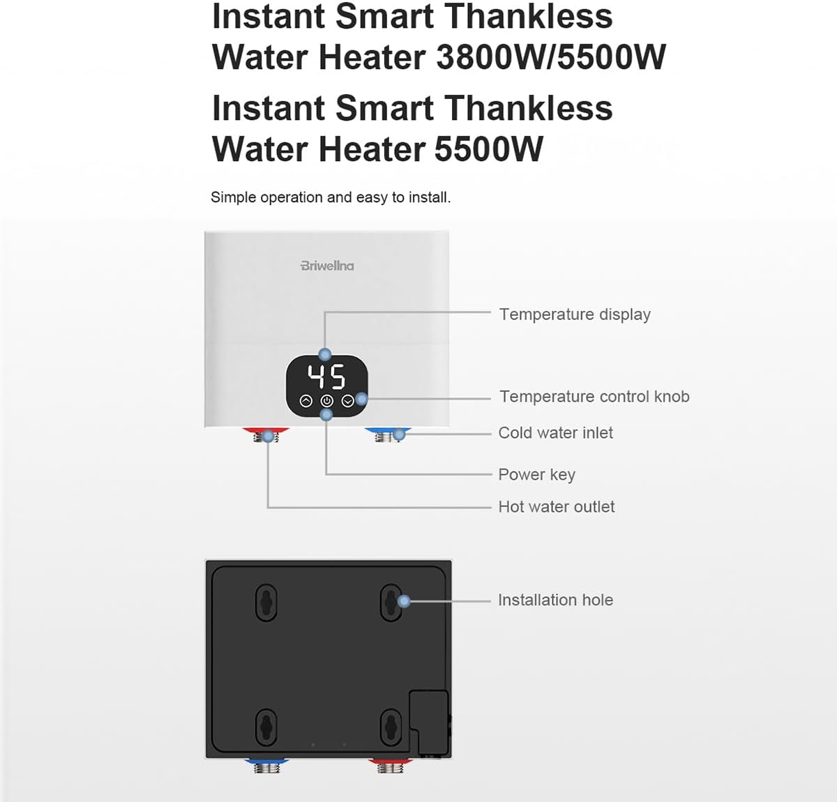 Elektrische instant doorstroomboiler, keuken, kleine boiler met led-temperatuurweergave, 220 V, 5500 W, voor keuken en badkamer