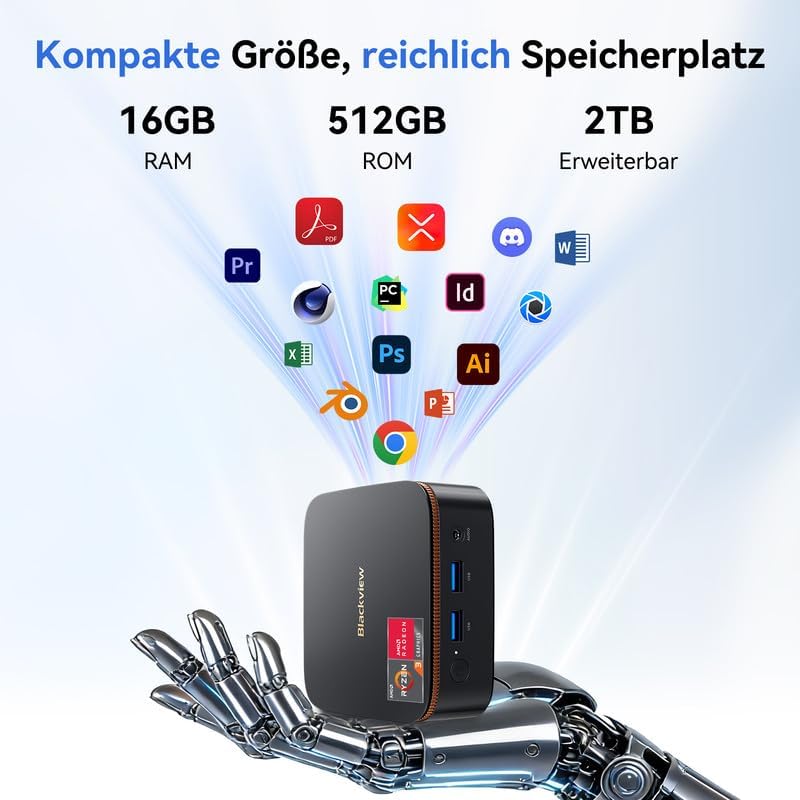 Blackview 2026 MP20 Mini-PC AMD Ryzen 3300U W-11 Pro (Defeat 3200U/3250U), 16 GB RAM 512 GB SSD Mini Desktop-Computer, 4K @ 60 Hz UHD, USB 3.2 + HDMI + DP + RJ45 voor business/school