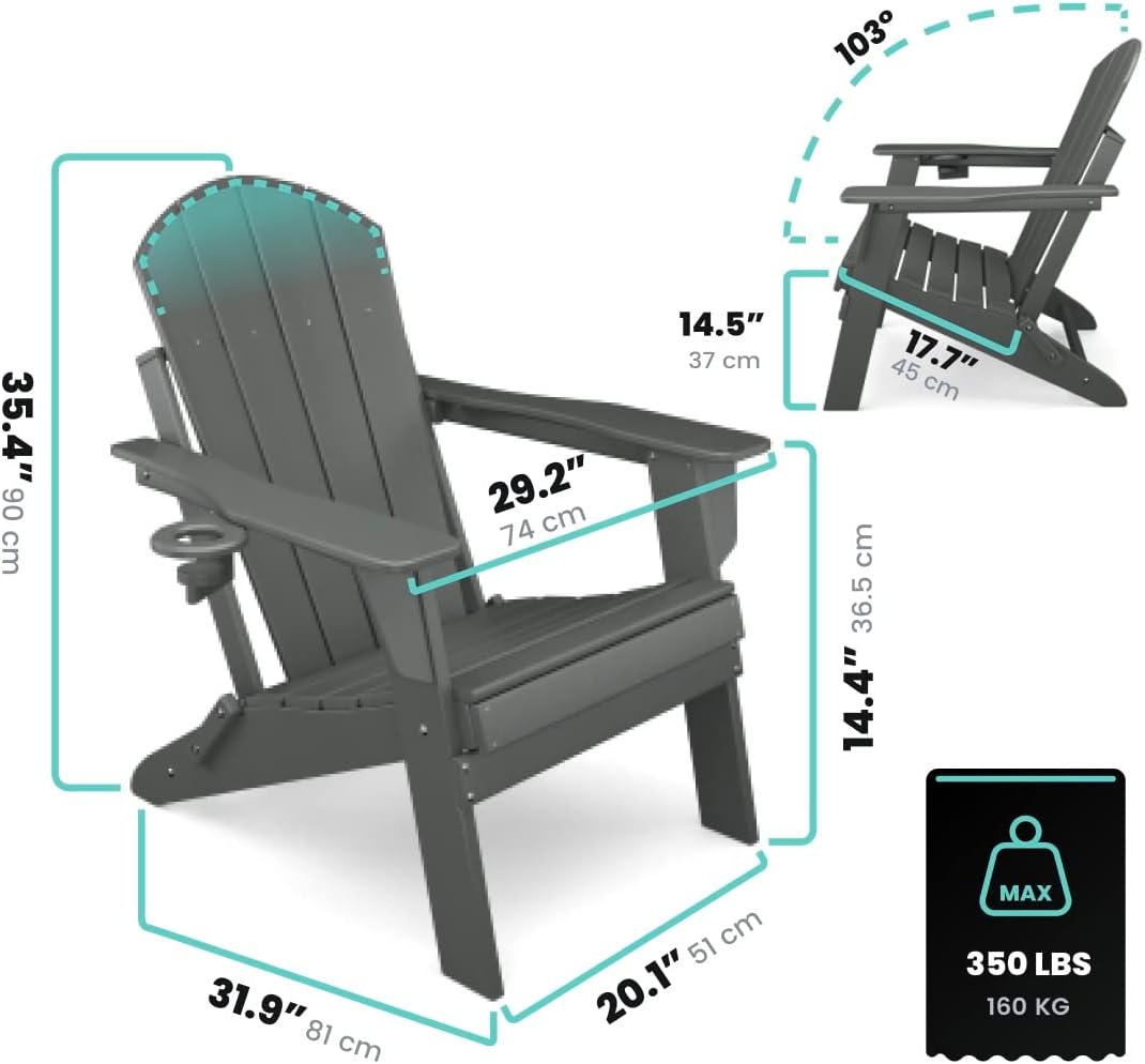 Adirondack Folding Chair for Garden, Patio or Deck - Arm Rests and Cup Holder - Lightweight, Weatherproof - Stylish, Durable Outdoor Furniture for Fire Pit, Beach, Poolside, Porch (Grey)