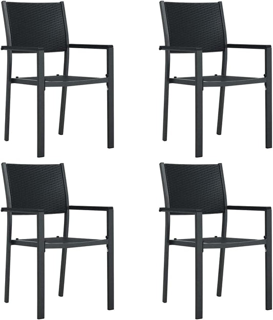 Set of 4 garden chairs made of plastic and steel, rattan design, weatherproof, outdoor patio, porch, colour black, easy to clean and move - QUORE
