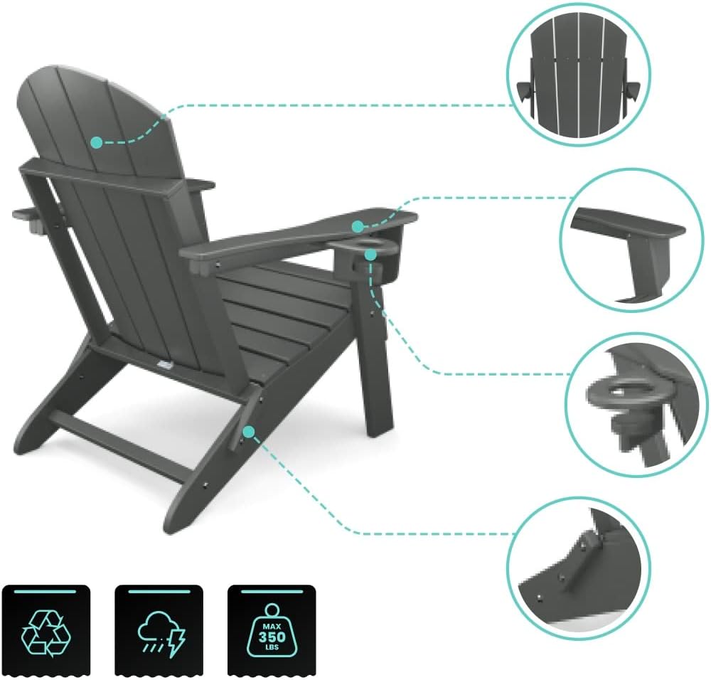 Adirondack Folding Chair for Garden, Patio or Deck - Arm Rests and Cup Holder - Lightweight, Weatherproof - Stylish, Durable Outdoor Furniture for Fire Pit, Beach, Poolside, Porch (Grey)