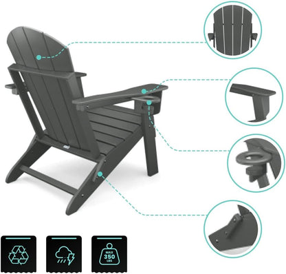 Adirondack Folding Chair for Garden, Patio or Deck - Arm Rests and Cup Holder - Lightweight, Weatherproof - Stylish, Durable Outdoor Furniture for Fire Pit, Beach, Poolside, Porch (Grey)
