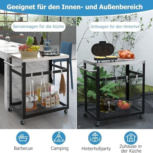 Grilltafel voor buiten, grillwagen met 2 planken, 4 wielen, handvat en 4 haken, pizzatafel, bijzettafel, serveerwagen voor achtertuin, terras (2 planken)