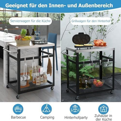 Grilltafel voor buiten, grillwagen met 2 planken, 4 wielen, handvat en 4 haken, pizzatafel, bijzettafel, serveerwagen voor achtertuin, terras (2 planken)