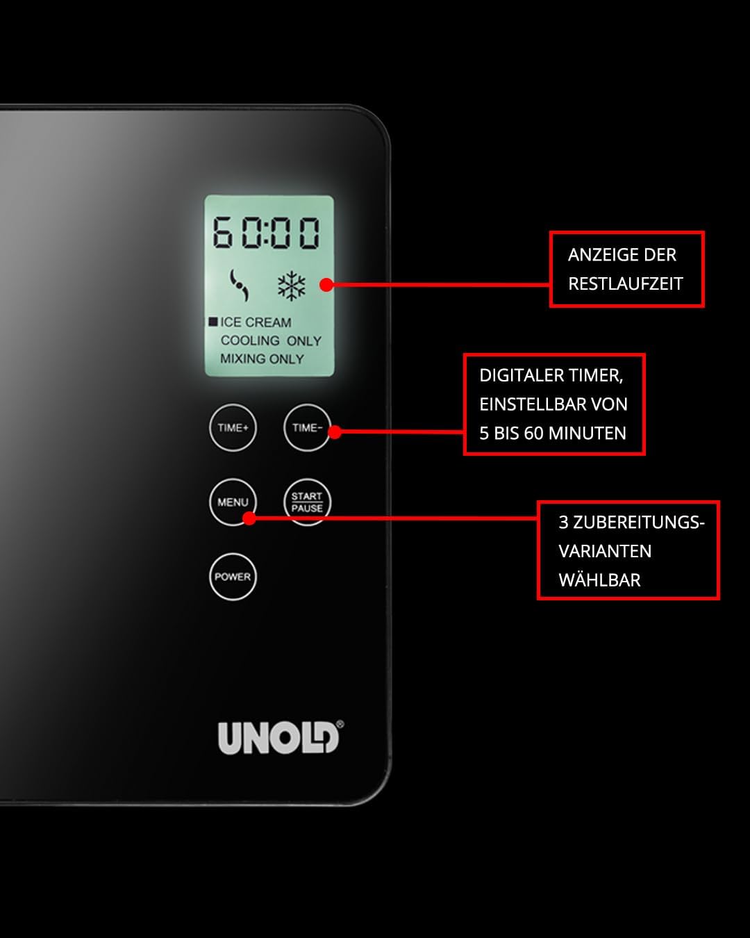 UNOLD 48845 Gusto IJsmachine, met zelfkoelende compressor, 180 W, 2 l volume, elegante roestvrijstalen behuizing, lcd-display, digitale timer