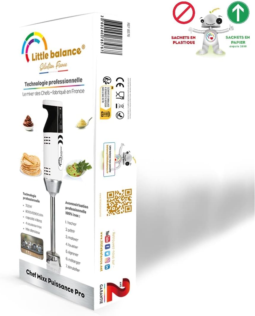 LITTLE BALANCE 8576 Chef Mixx Pro, professionele staafmixer, 2 snelheden, 4 accessoires, 700 W, gemaakt in Frankrijk, wit/roestvrij staal