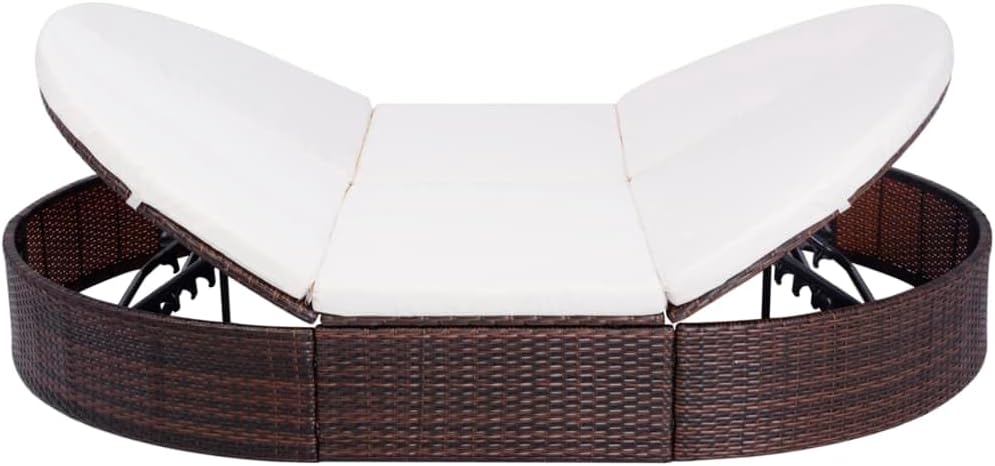 Loungebed voor buiten, met kussen, polyrotan, bruin ligbed, tweepersoonsbed met kussen, tuinbank - QUORE