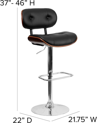 Flash Furniture Barkruk van walnoothout met verstelbare hoogte en met knopen gewatteerde zwarte vinyl bekleding