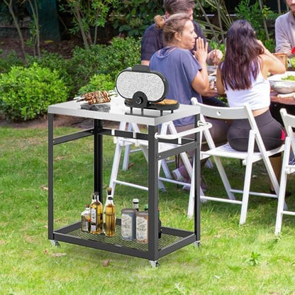 Grilltafel voor buiten, serveerwagen met 2 planken, 4 wielen, handvat en 4 haken, pizzatafel, bijzettafel, grillwagen voor achtertuin, terras (2 planken)