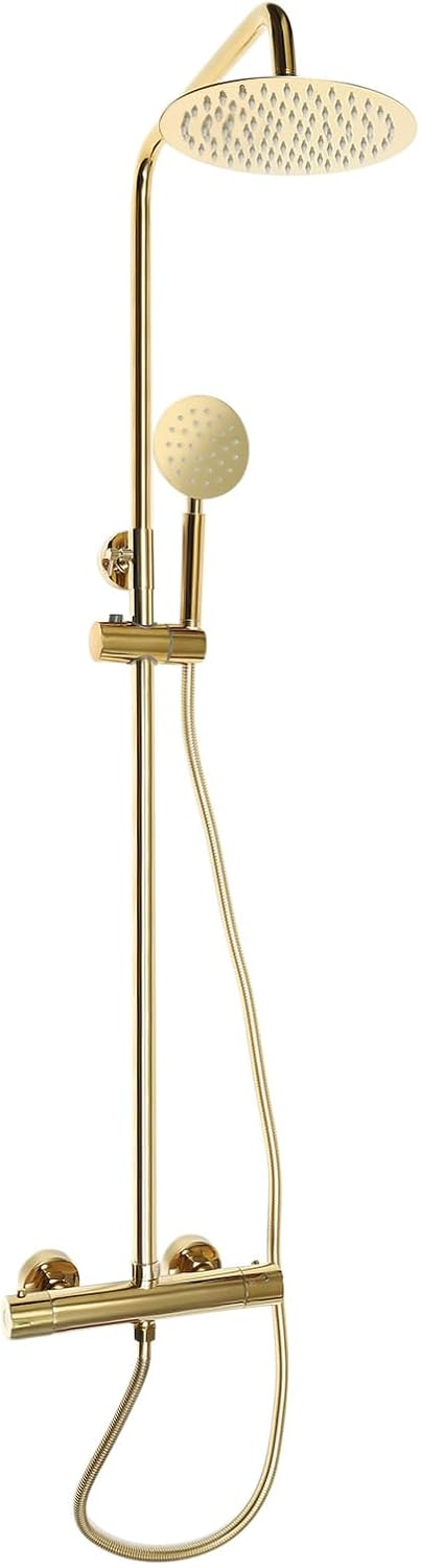 Douche Systeem – Regendouche – Handdouche – Douche Set – Badkamer Douche – Geborsteld Goud – Verstelbare Hoogte 70-110 cm – Thermostatische Temperatuurregeling 0-80°C