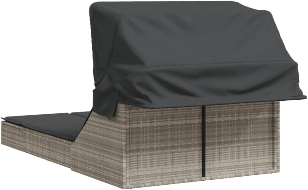 Outdoor Lounger with Retractable Hood and Washable Padded Cushions, Adjustable Backrest, 2 Positions, Durable PE Rattan, Garden Patio - QUORE