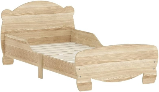 Children's Bed 143.5 x 80 cm, Solid Wood House Bed, Youth Bed with Fall Protection, Play Bed up to 80 kg, Single Bed with Bear Design, for Children's Room, Natural Wood - QUORE