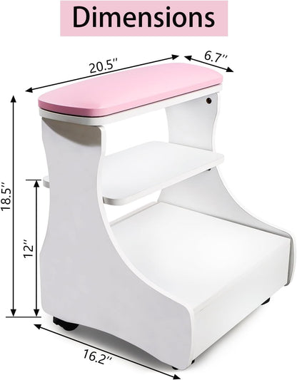 Pedicure voetsteun met wielen Roze/Wit – Manicure voetsteun – Voetsteun voor salon – Pedicure voetbank – Voetsteun met opbergruimte – Verwijderbare PU-bekleding – 4 zwenkwielen met rem