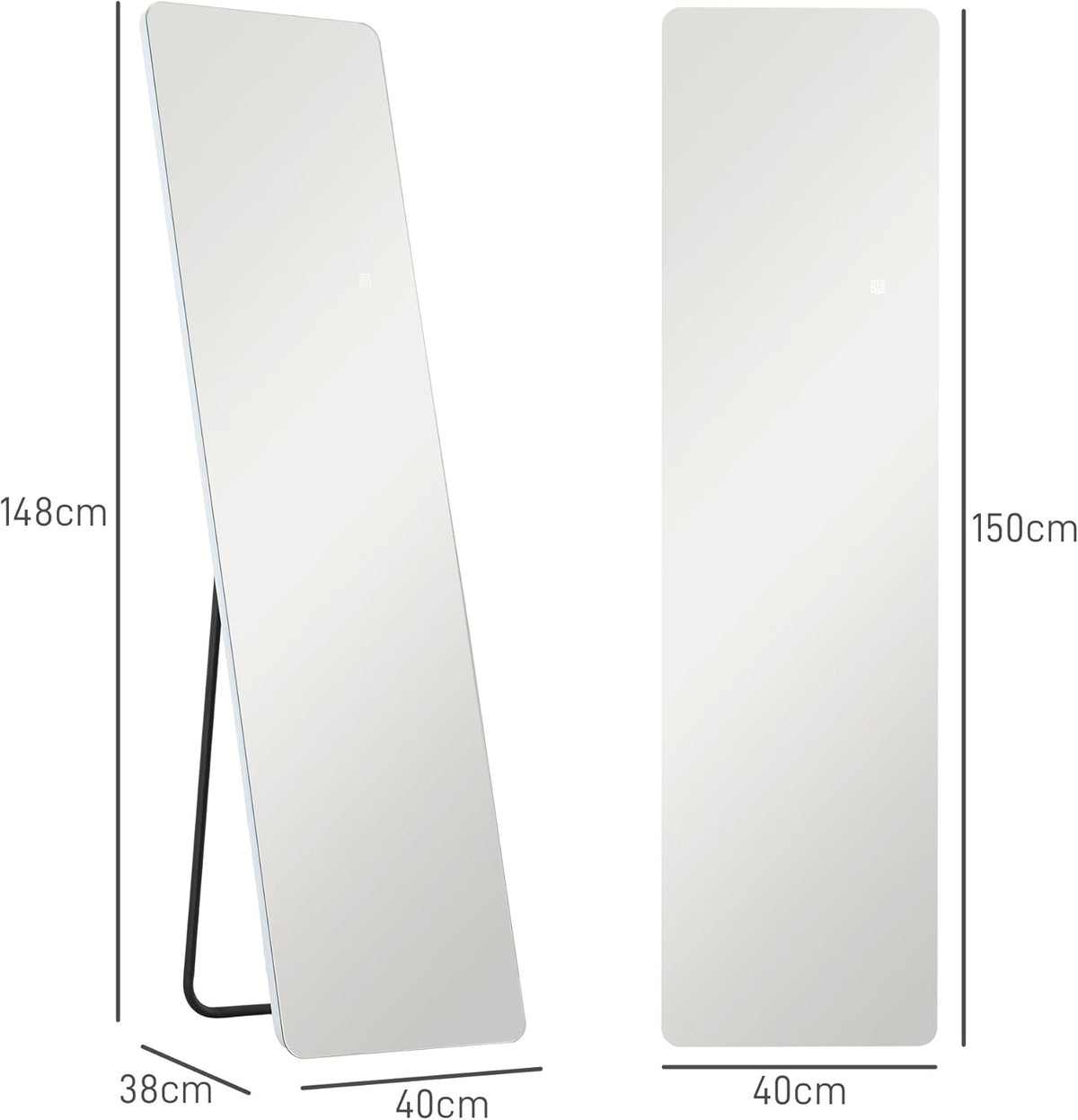 HOMCOM Ganzkörperspiegel 150 x 40 cm Standspiegel mit LED-Beleuchtung, 3 Lichtfarben, Wandspiegel mit Ständer, Touch-Schalter für Schlafzimmer, Wohnzimmer, Transparent - QUORE