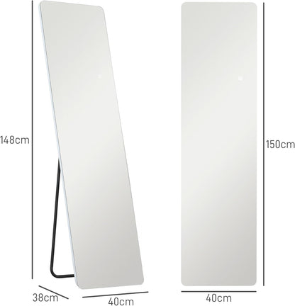 HOMCOM Ganzkörperspiegel 150 x 40 cm Standspiegel mit LED-Beleuchtung, 3 Lichtfarben, Wandspiegel mit Ständer, Touch-Schalter für Schlafzimmer, Wohnzimmer, Transparent - QUORE