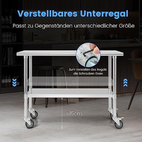 FANTASK Werktafel roestvrij staal, keukentafel roestvrij stalen tafel met in hoogte verstelbare plank, zilver