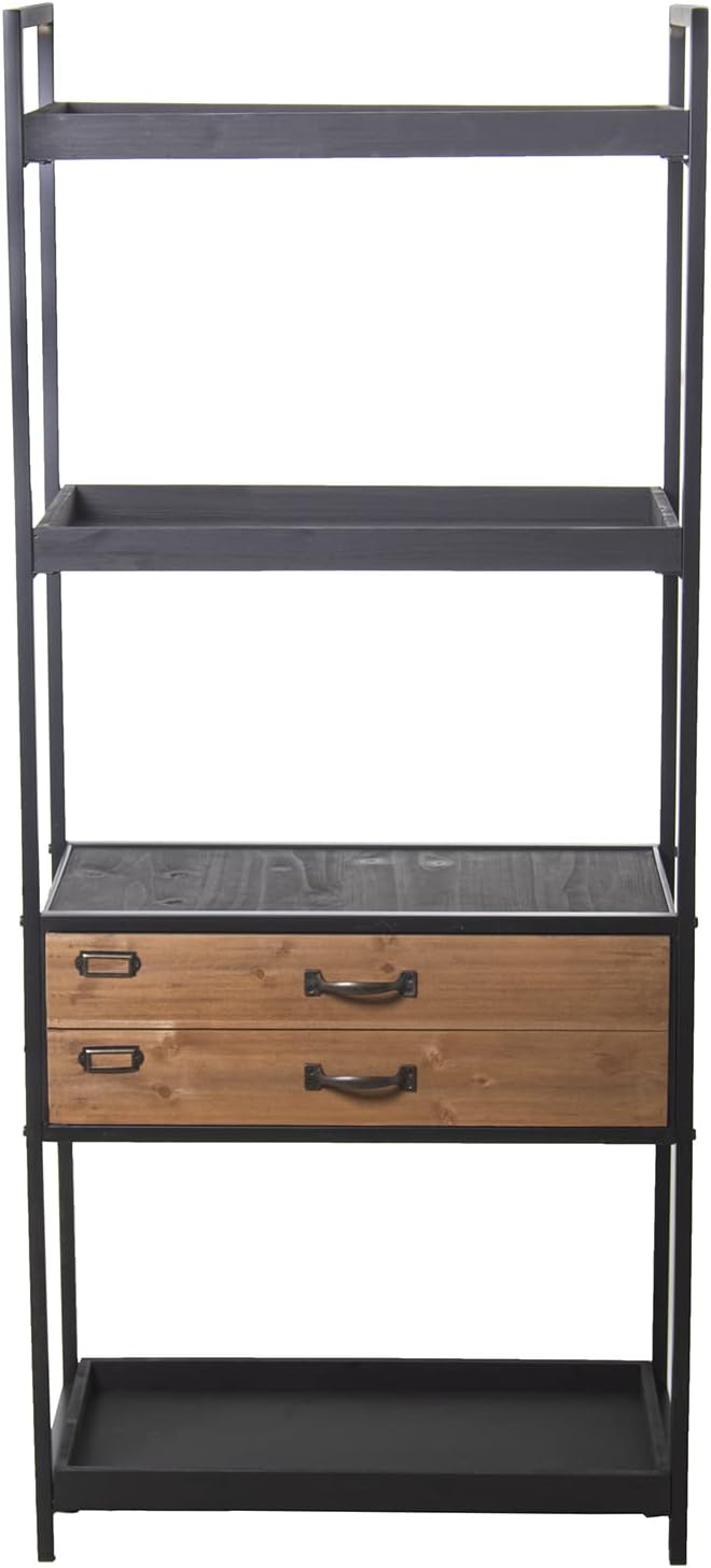 DRW Rek met 2 laden van metaal en MDF-hout in zwart en naturel, 60 x 30 x 140 cm