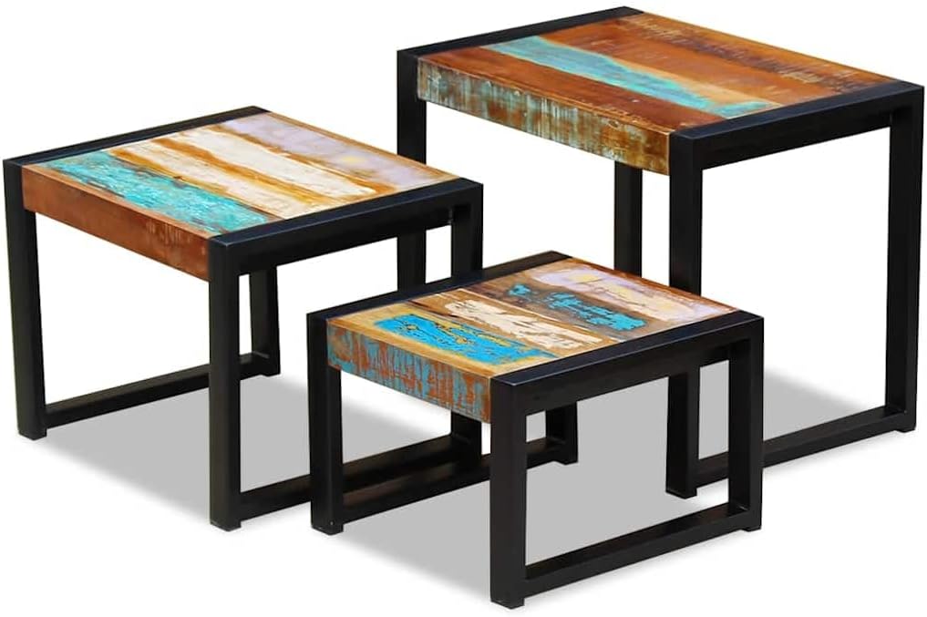 vidaXL 3x Side Table Solid Recycled Wood and Steel Frame Side Table