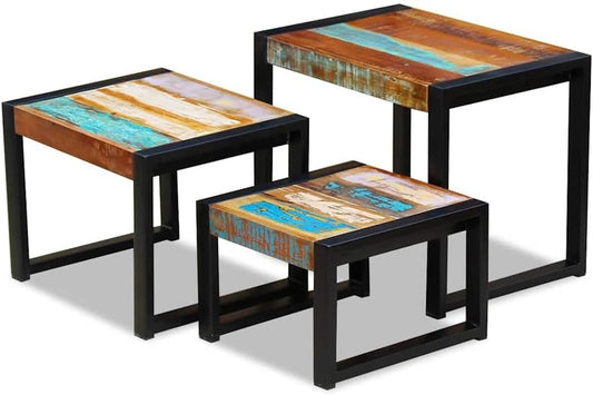 vidaXL 3x Side Table Solid Recycled Wood and Steel Frame Side Table
